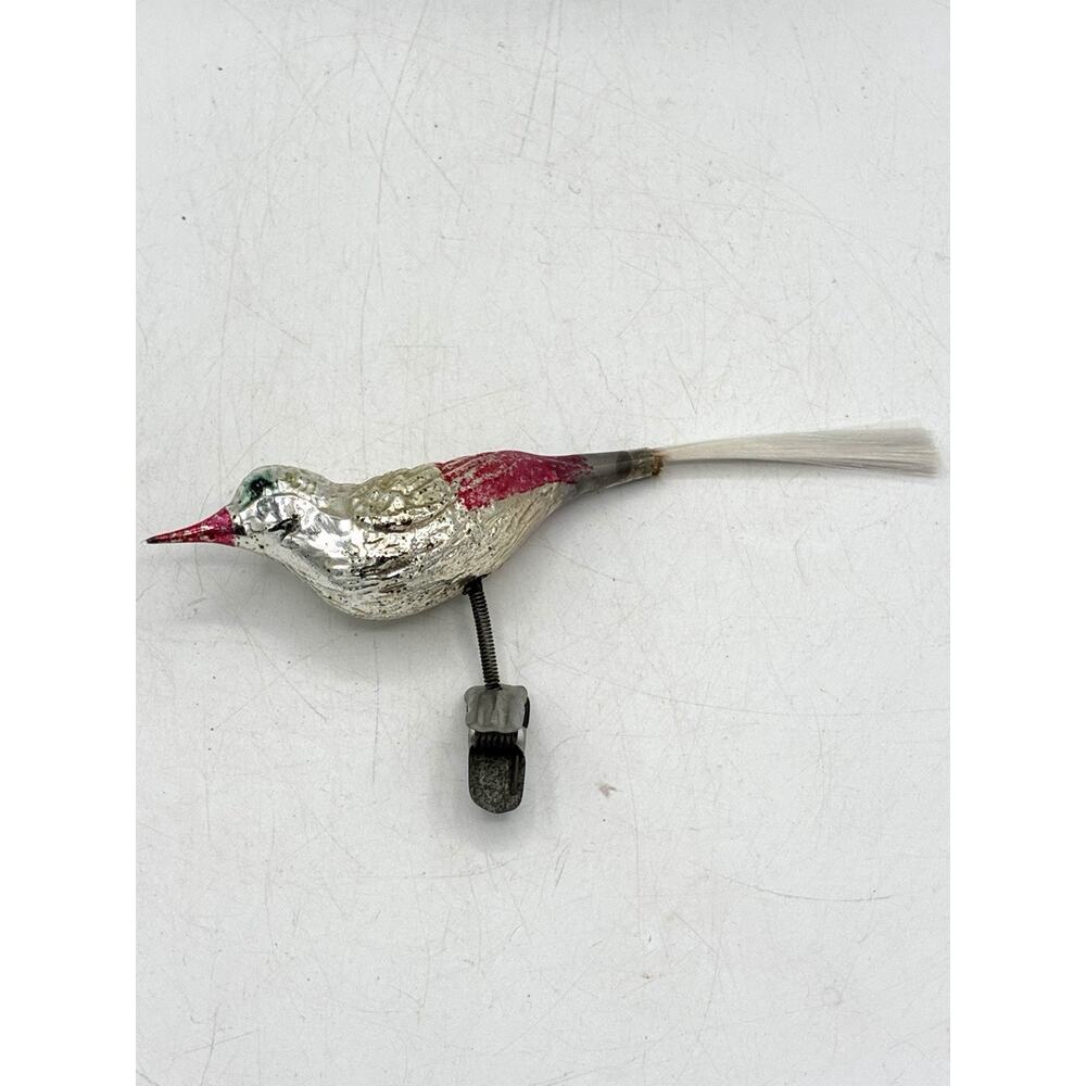 Antique German Mercury Glass Clip On Bird Ornament Pink Silver Spring Clip